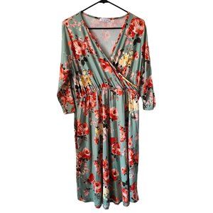 Michelle Mae Floral Faux Wrap 3/4 Sleeve Dress Olive Green Size 1X